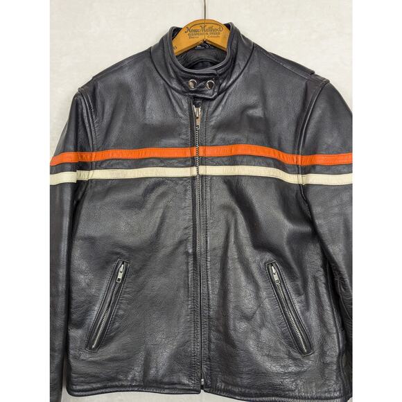 Vintage Women's Genuine Leather Motorcycle Jacket Black Orange Stripe Size XL - Picture 2 of 16